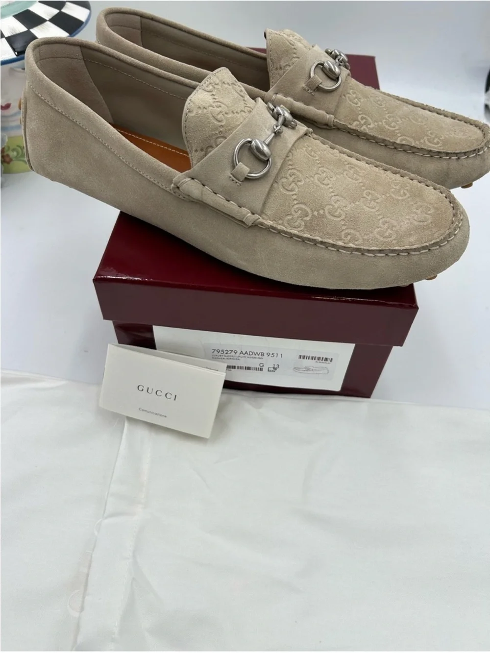 Gucci Mens GG LOGO DRIVER Suede Horsebit Embossed Loafers. Size 13